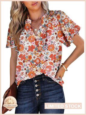 Women's V Neck Floral Print Smocked Short Sleeve Chiffon Blouse Bohemian Top